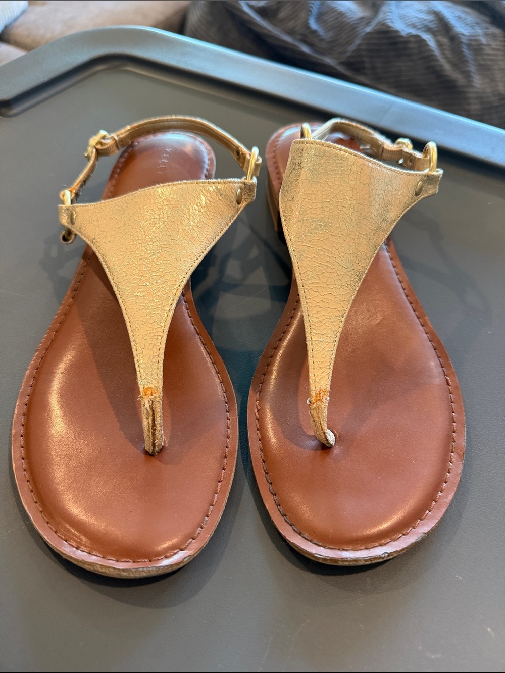 Kelly & Katie Gold Metallic T-Strap Sandals